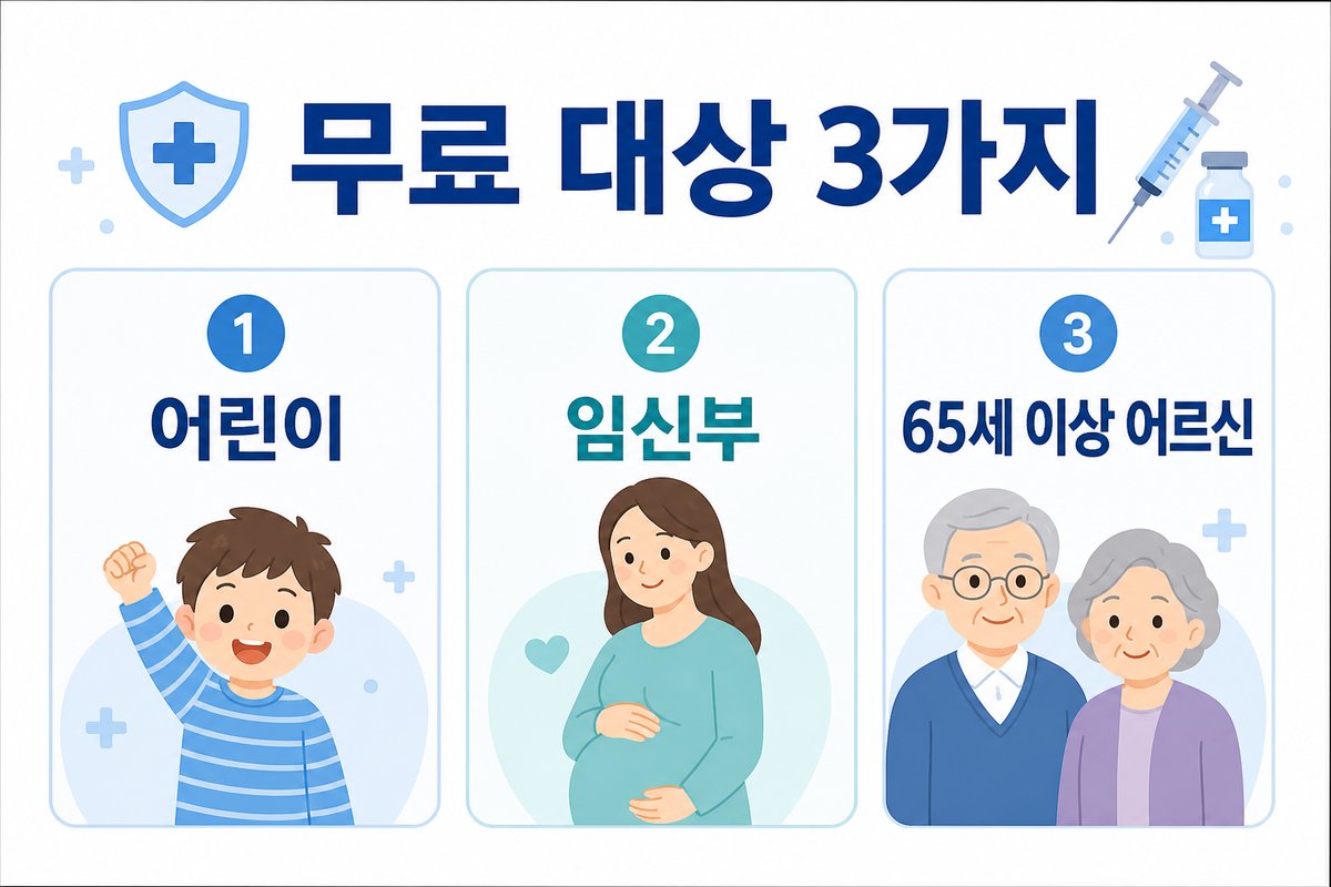 독감 예방접종 무료 대상인 어린이 임신부 65세 이상 어르신을 정리한 안내 이미지