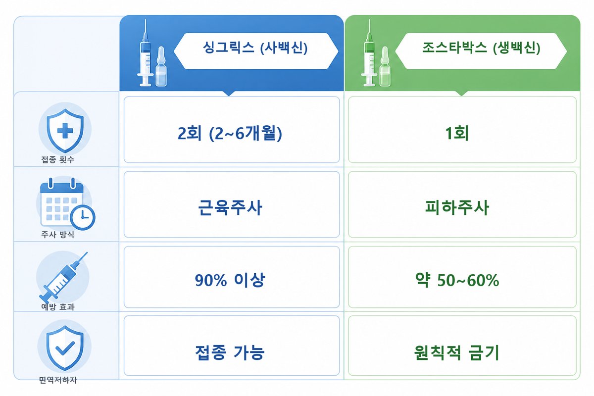 대상포진 백신 싱그릭스와 조스타박스 비교표