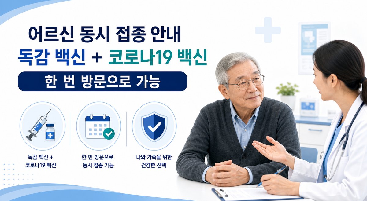 어르신이 독감 백신과 코로나19 백신 동시 접종 가능 여부를 상담하는 안내 이미지