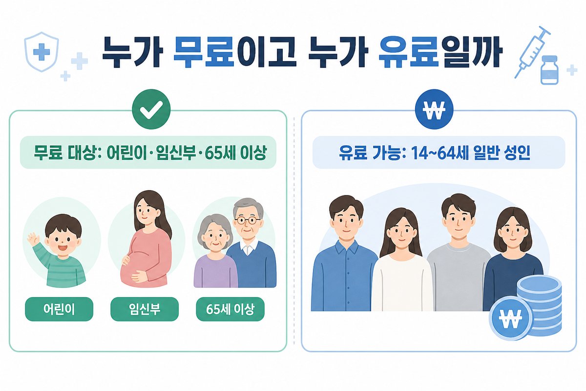 독감 예방접종 무료 대상과 일반 성인 유료 접종 대상을 비교한 안내 이미지