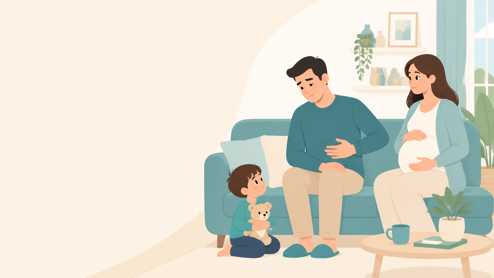 대상포진 전염을 걱정하는 가족 – 성인 환자와 아이·임산부가 함께 있는 모습